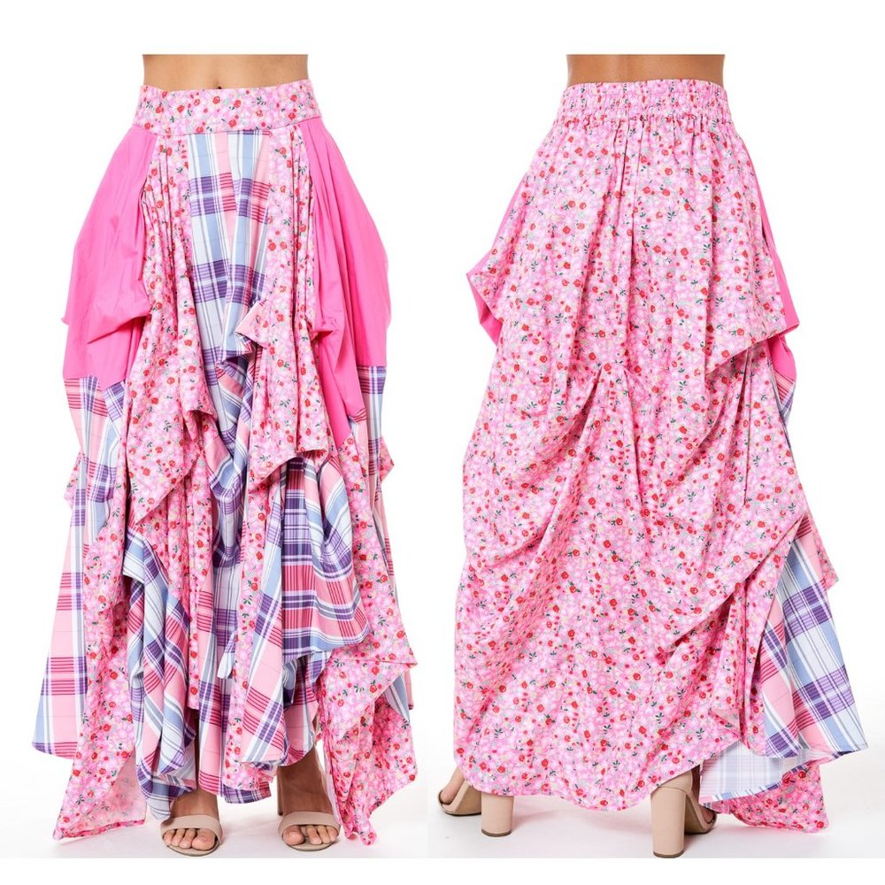 NEW TOV HOLY The Damsel's Pink Flower Plaid Flowing Maxi Skirt S M L XL MSRP 252